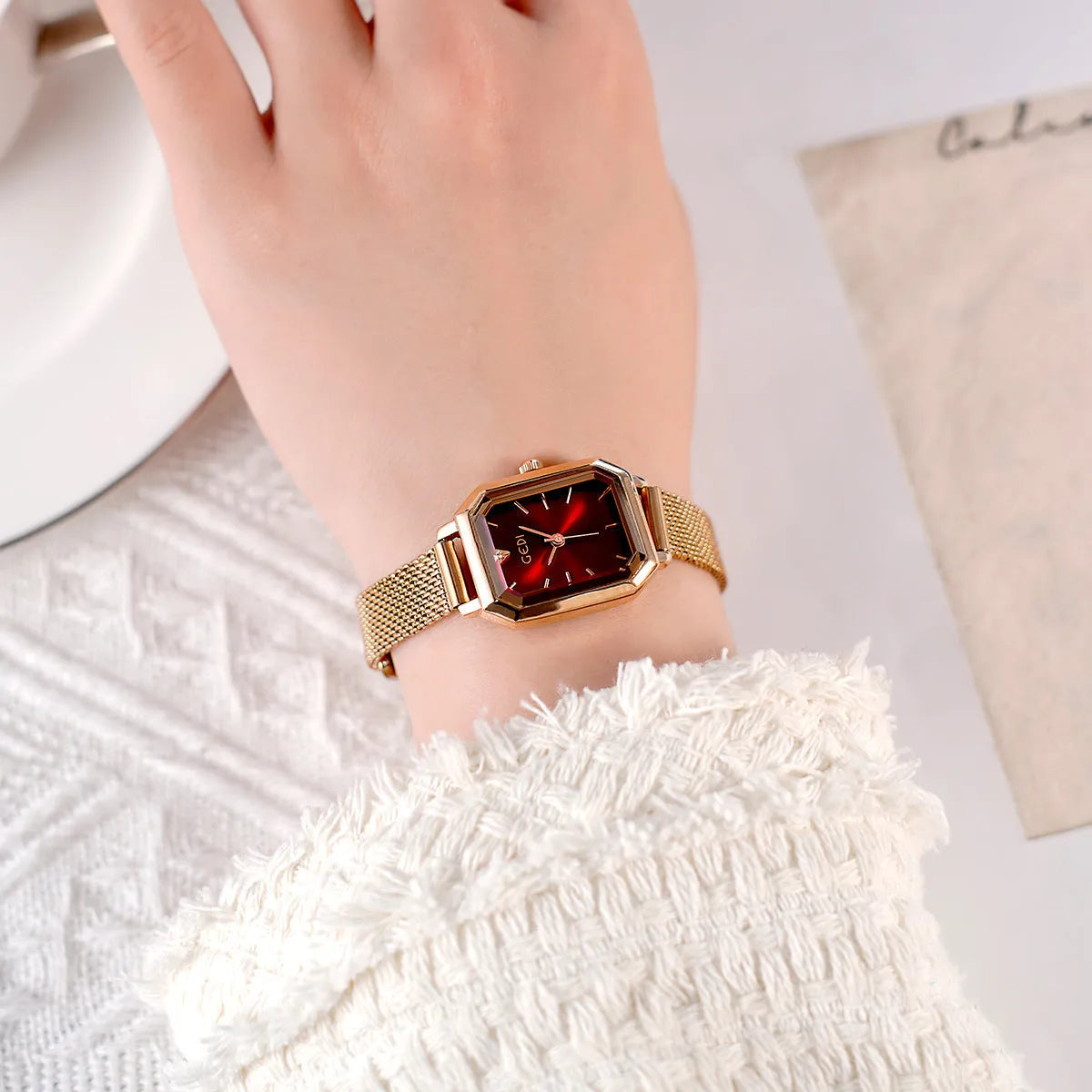 Square retro casual women's watch with rose gold case and multiple colour strap options