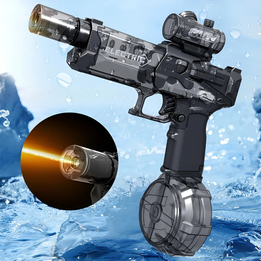 Fire Rat electric water pistol in black showing automatic drum magazine and USB charging port for outdoor summer water fights