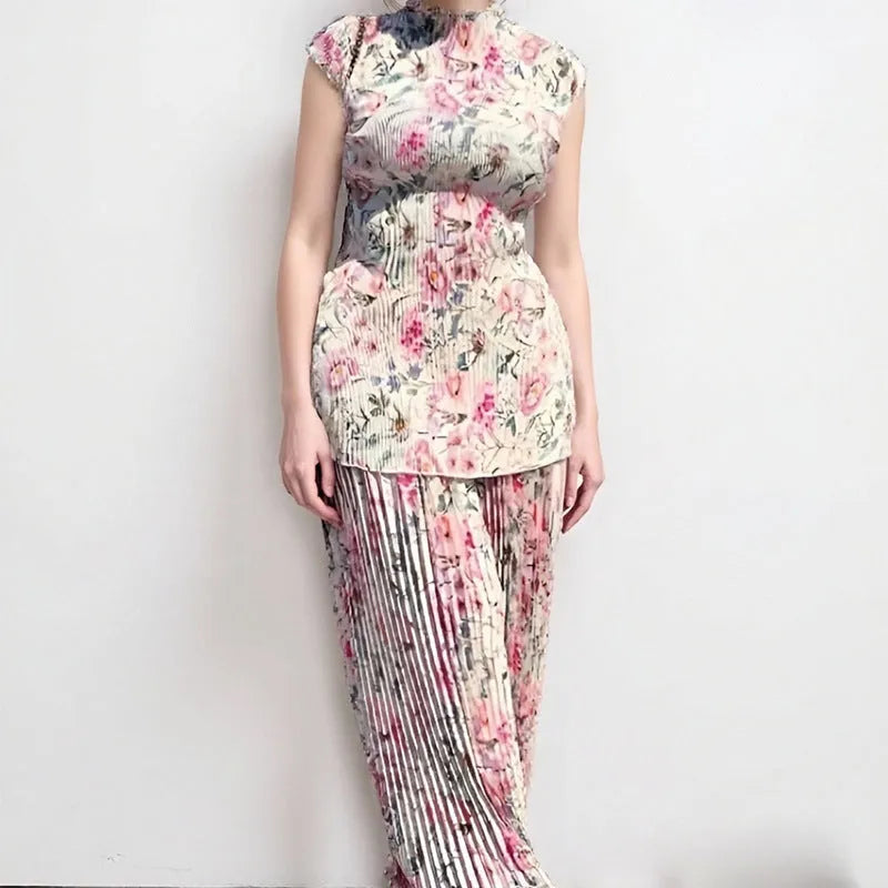 Long sleeve printed chiffon two-piece dress set with high-waist skirt on a model.