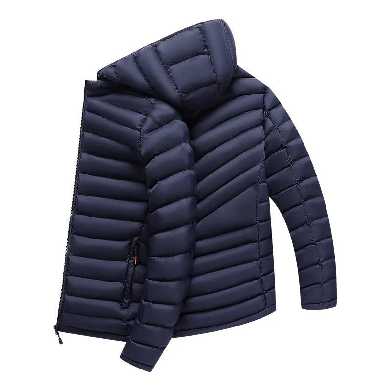 Man wearing a solid colour lightweight hooded down jacket with a detachable collar and zipper pockets.