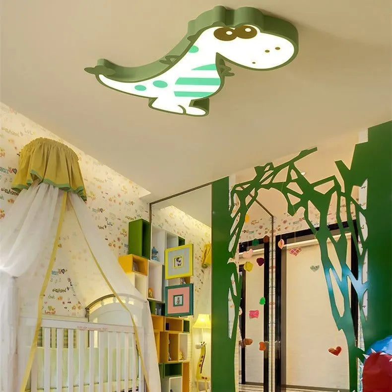 Dinosaur-themed 48cm ceiling light with aluminium body and PVC shade in green colour option