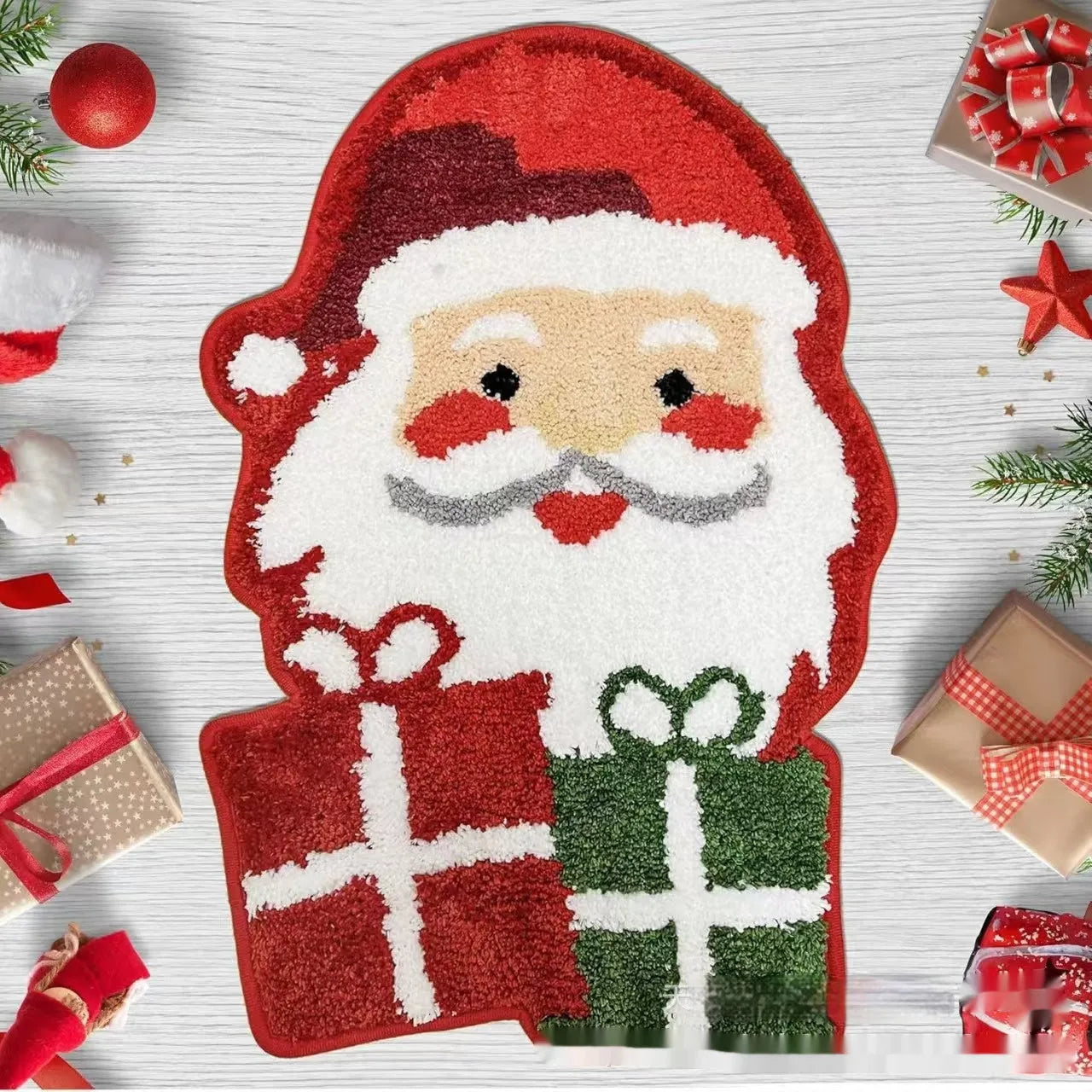 Square Christmas hallway mat with festive Santa Claus pattern on red background.