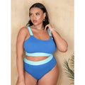 A solid-colour women's high-waisted bikini with side-tie bottoms, shown on a mannequin.