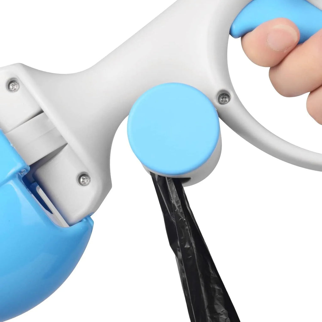 Blue ABS plastic pet pooper scooper with built-in trash bag holder and top hook.