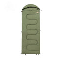 Cotton camping sleeping bag in ochre colour showing quilt-style construction and portable design