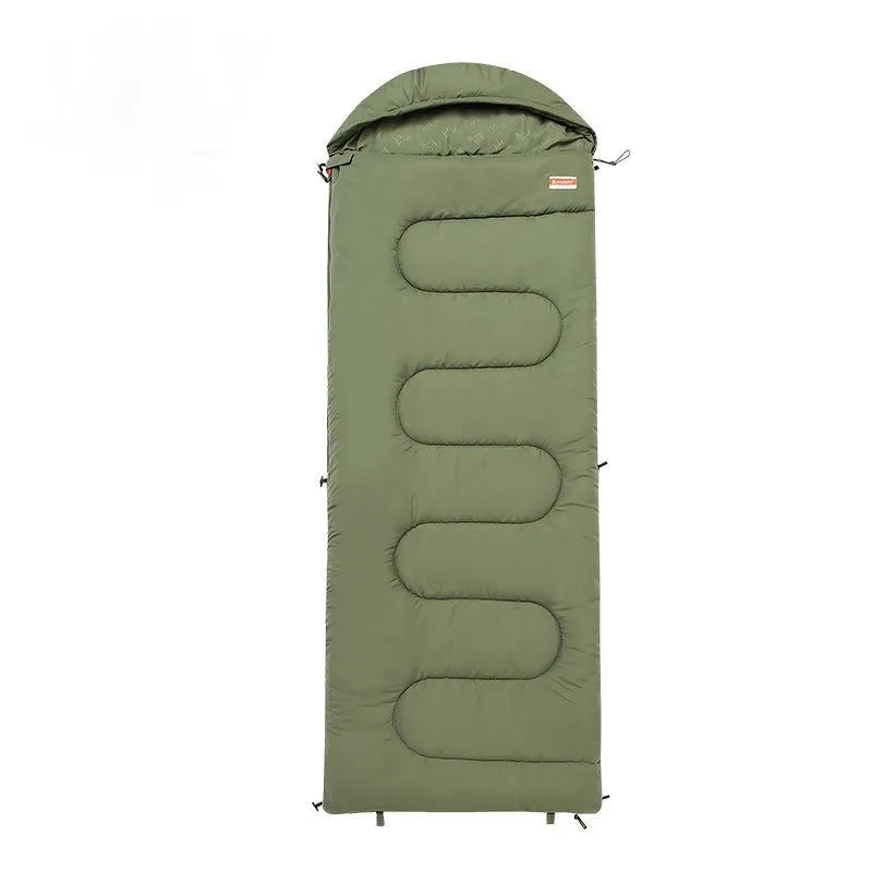 Cotton camping sleeping bag in ochre colour showing quilt-style construction and portable design