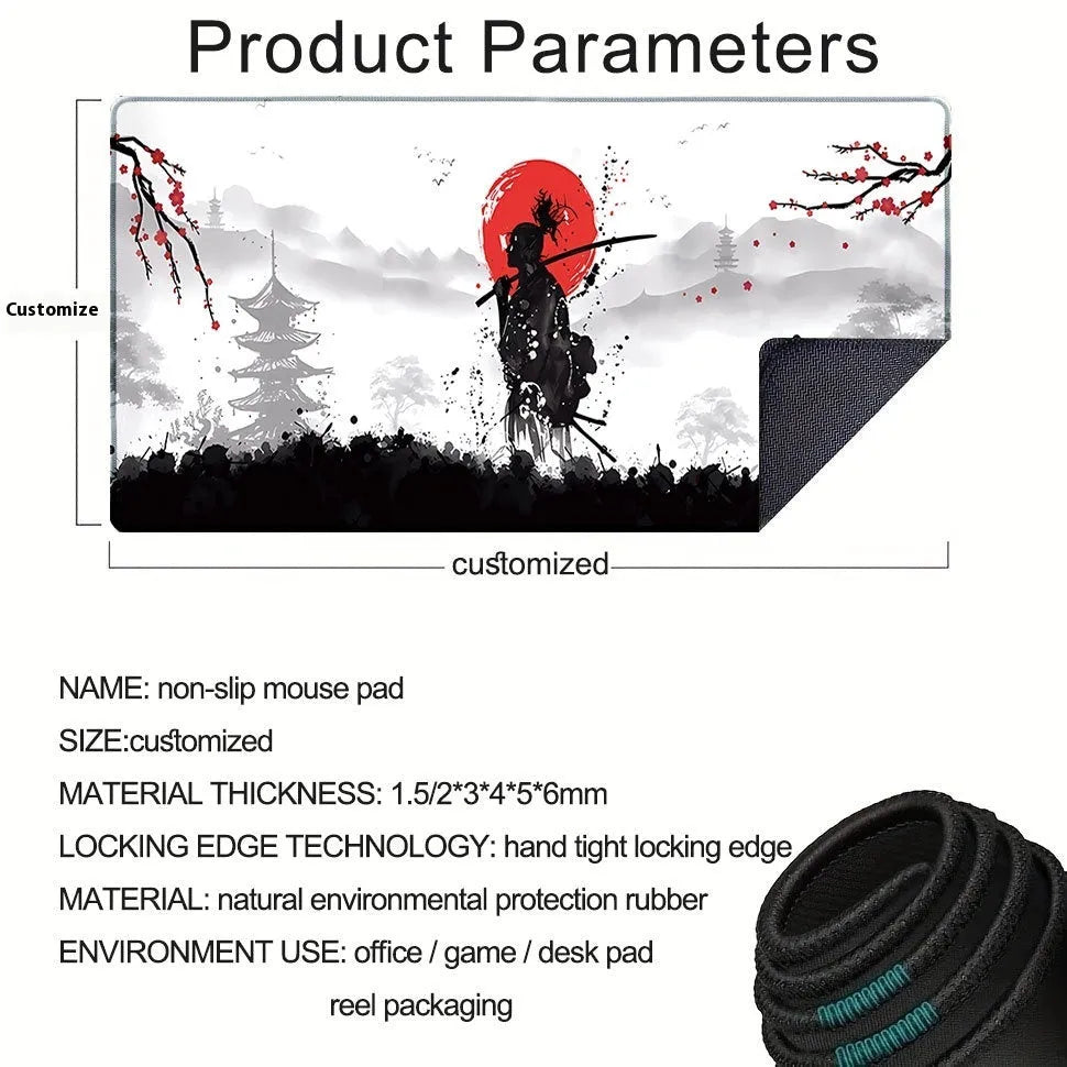 Japanese samurai design cloth gaming mouse pad on a desk, showing non-slip base and multiple size options.