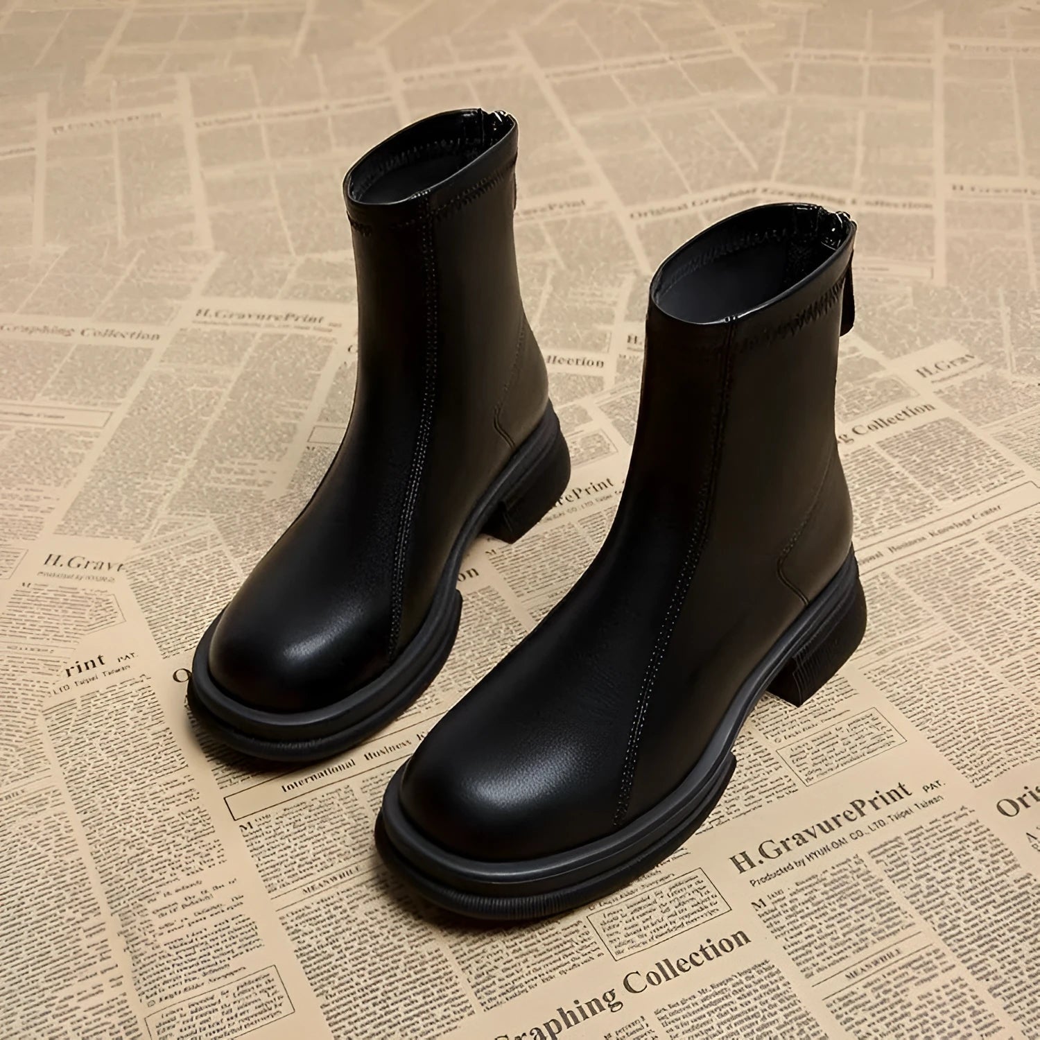 Women's black ankle boots with a flat heel, round toe, and a back zipper.