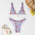 Retro patterned women's bikini in orange, pink, black, and blue colours with polyester fabric