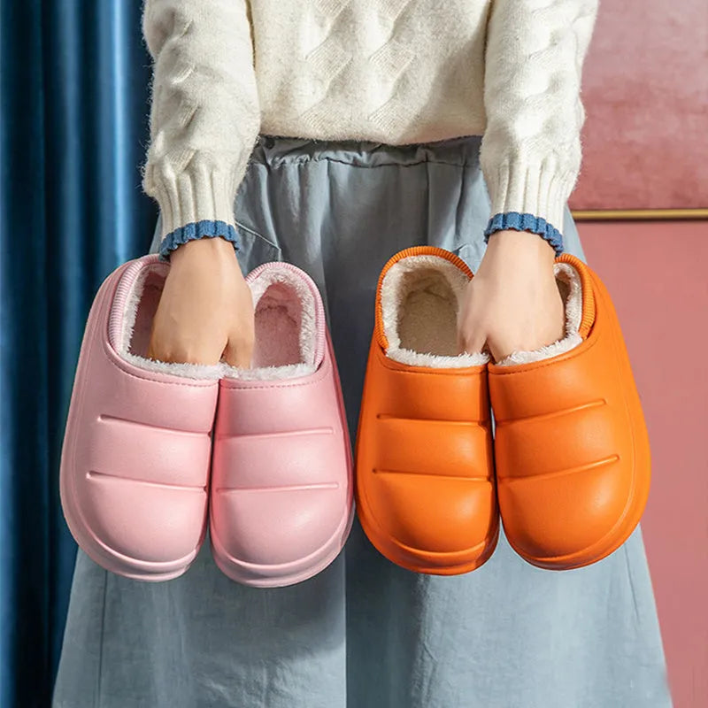 Waterproof EVA couple slippers in various colours with plush lining and non-slip soles