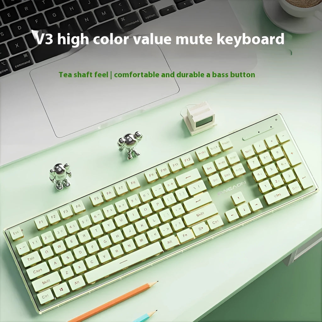 Prewalker V3 mute keyboard and mouse suit in retro green colour on a desk