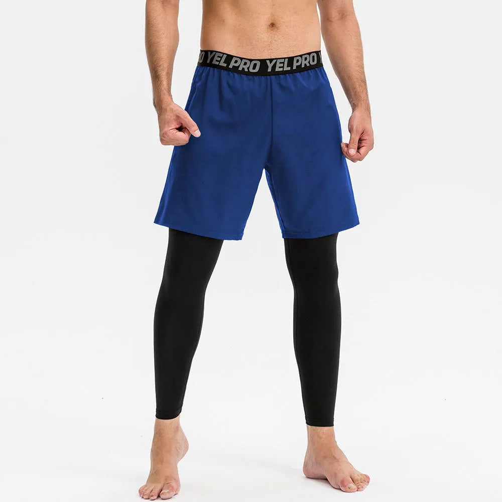 Man wearing grey quick-drying tight-fit polyester spandex sports pants for running.