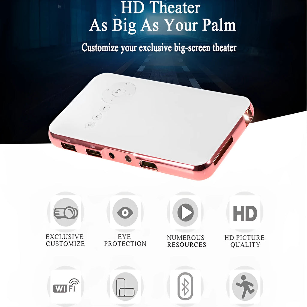 White rose gold miniature portable Android projector showing front view with lens and controls
