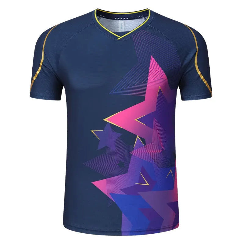 Unisex badminton sportswear suit in polyester, showing short-sleeved top and trousers in sapphire blue colour.