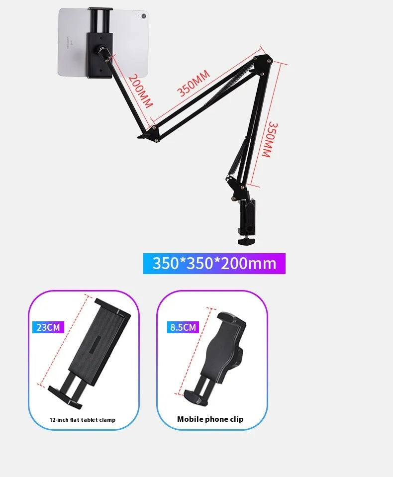 Black foldable metal desktop cantilever bracket holding tablet with adjustable arm