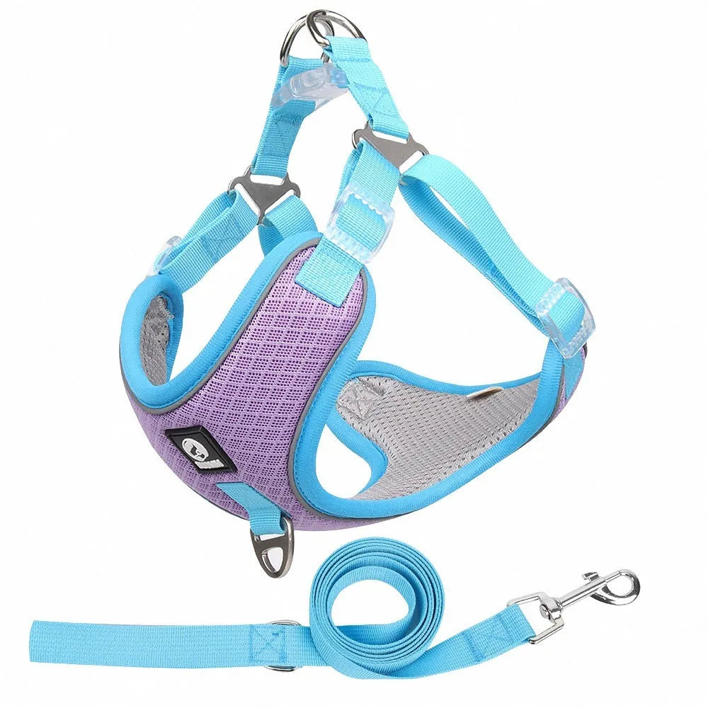 Adjustable breathable dog harness with reflective piping in black, red, gray, or light purple