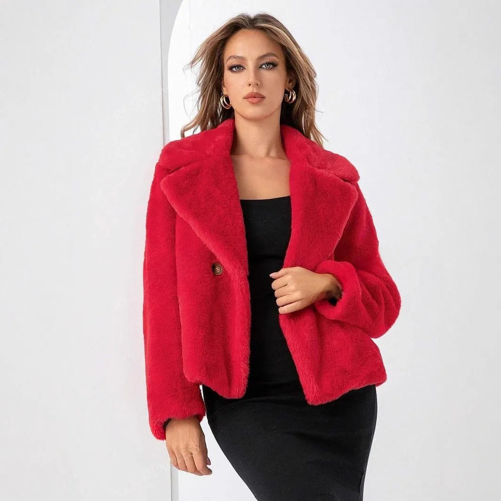 Women's short loose faux fur coat in rose red, shown on a model.