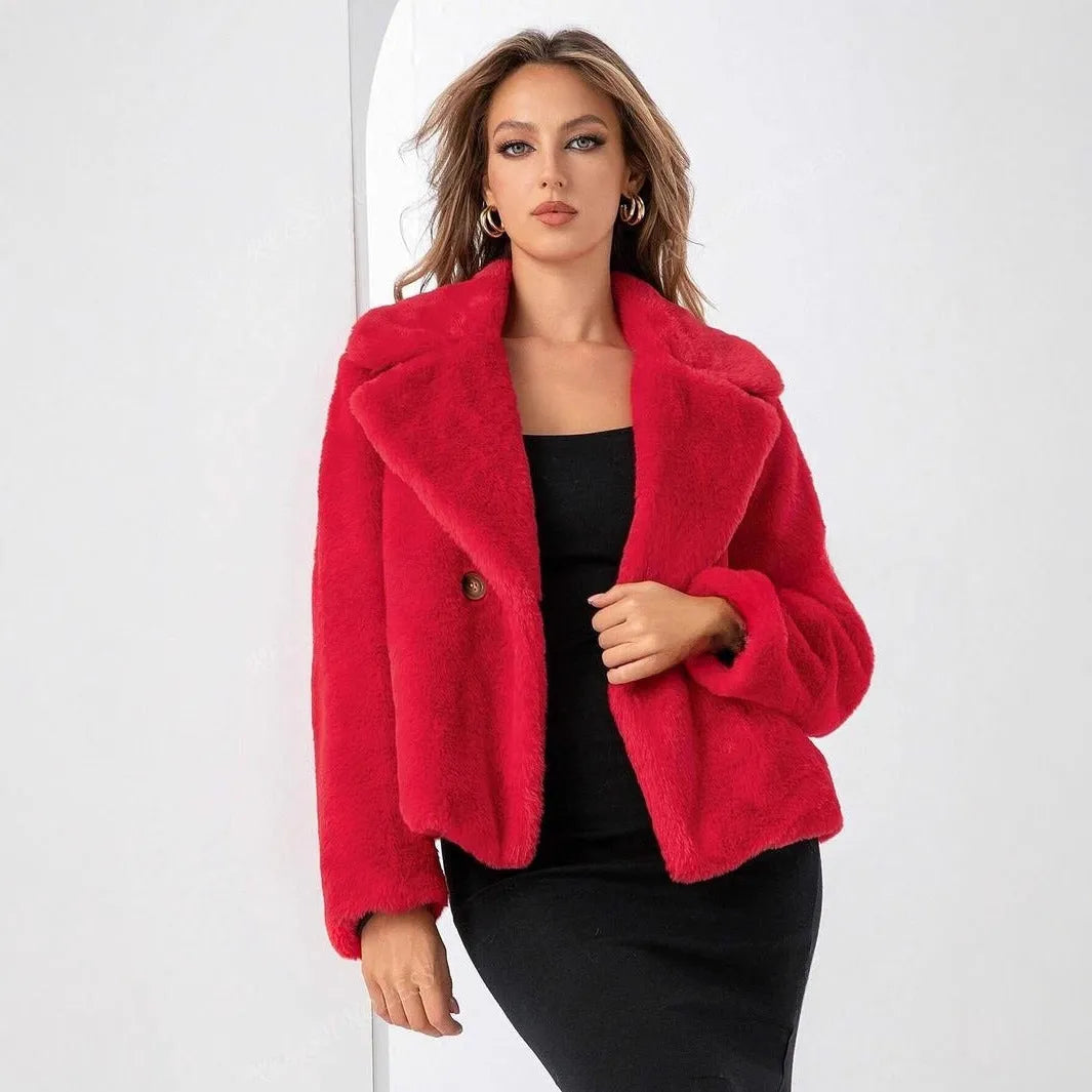 Women's short loose faux fur coat in rose red, shown on a model.